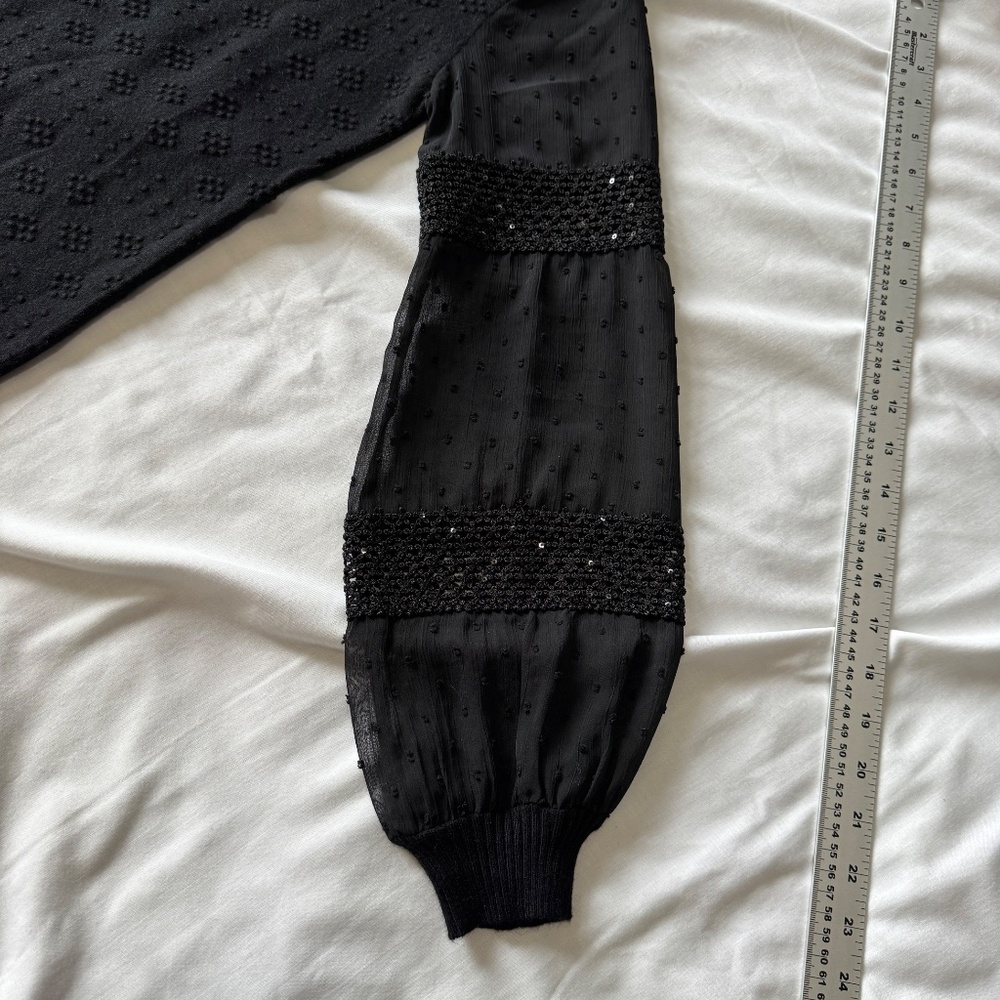 Leo & Ugo Paris Mock Neck Textured Lightweight Sweater Top Sheer Arms Black 4 - Picture 12 of 16
